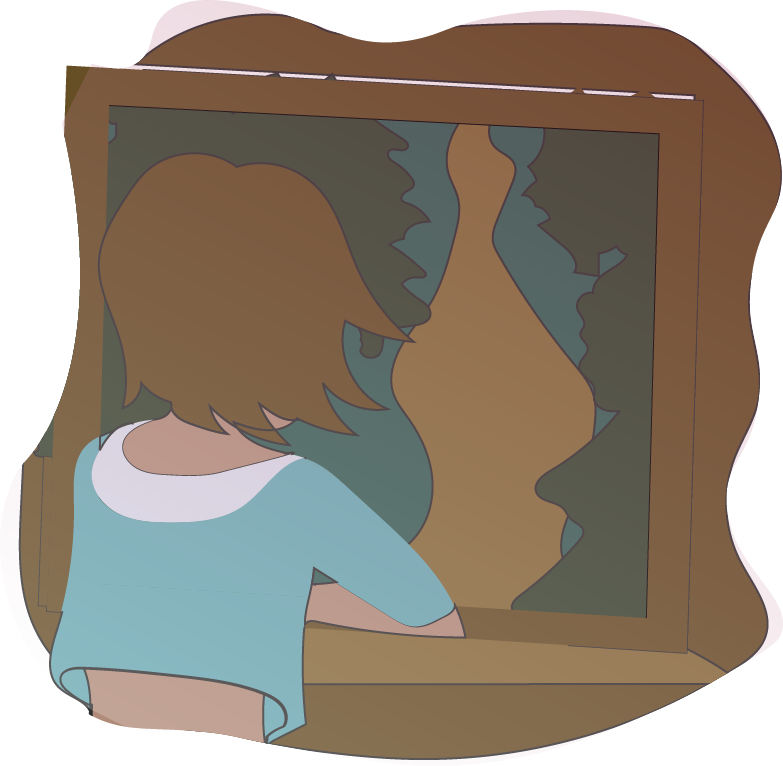 A picture of my character Eva looking through a window at a forest path titled 'Wish I
Wasnt Here'